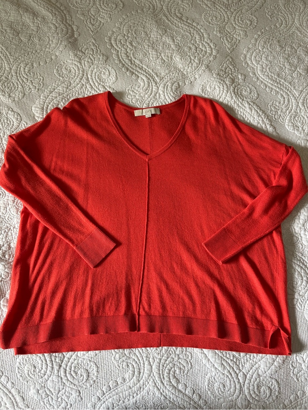LOFT Coral-Red V-Neck Lightweight Sweater